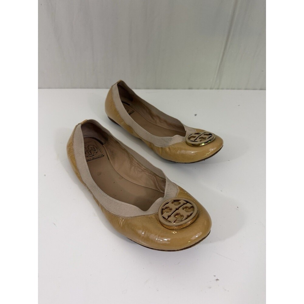 Tory Burch Women’s Caroline Patent Leather Logo Ballet Flats Tan Size 10